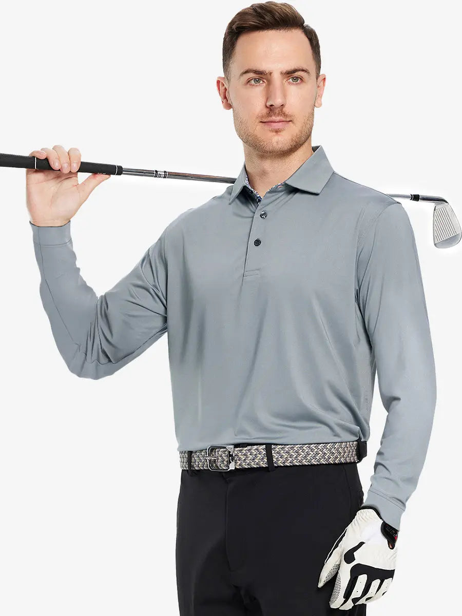 Model in LIGHT GREY Long Sleeve Solid Jersey Polo holding golf club with confident front pose