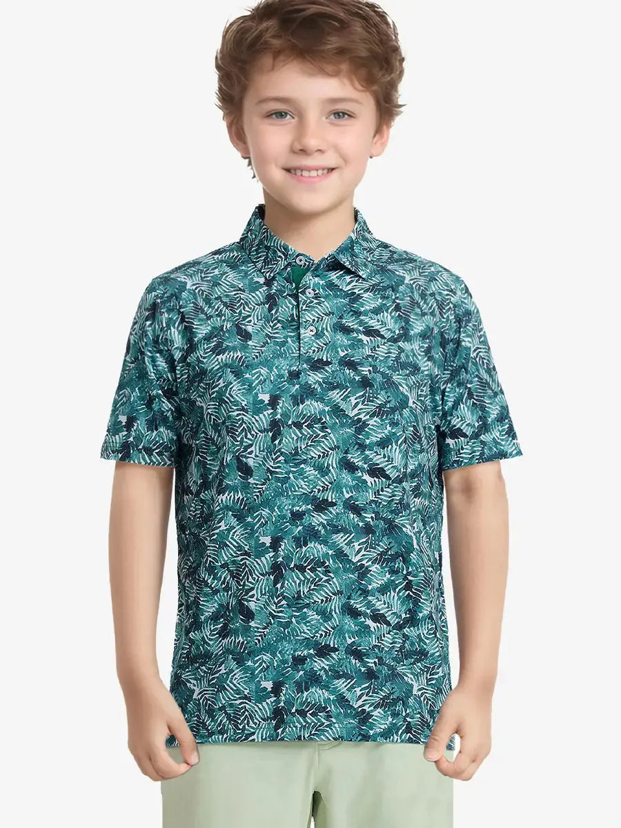 Confident pose with golf club in DARK GREEN LEAF polo, designed for active play