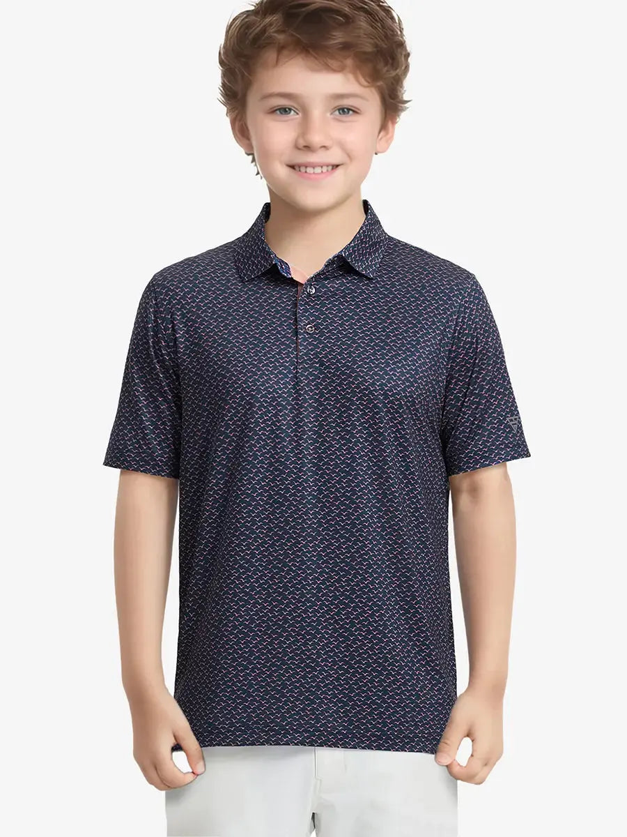 Front half-body shot of boy model in NAVY PINK SEAGULL Performance Print Boys Golf Polo, ready to play