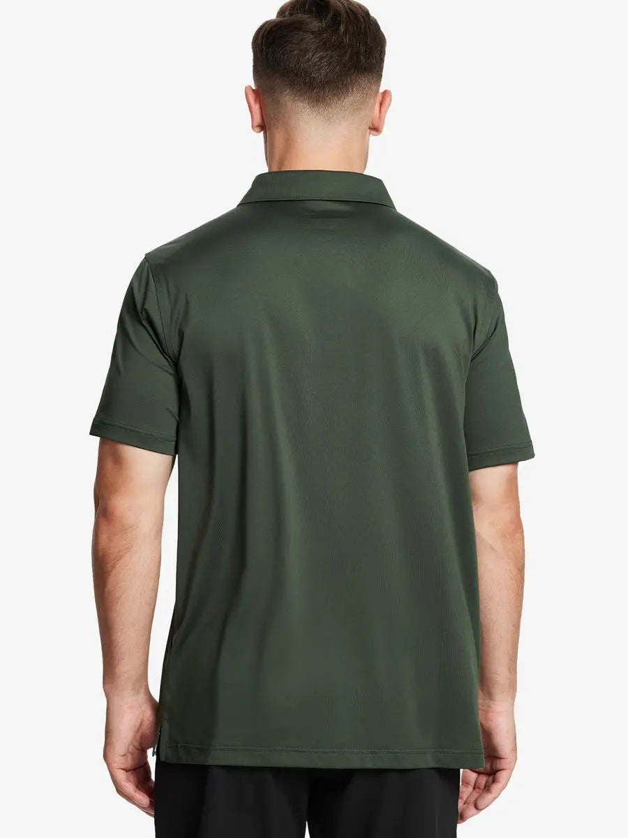 Back half-body view of male model wearing the Olive Green Everyday Classic Solid Polo