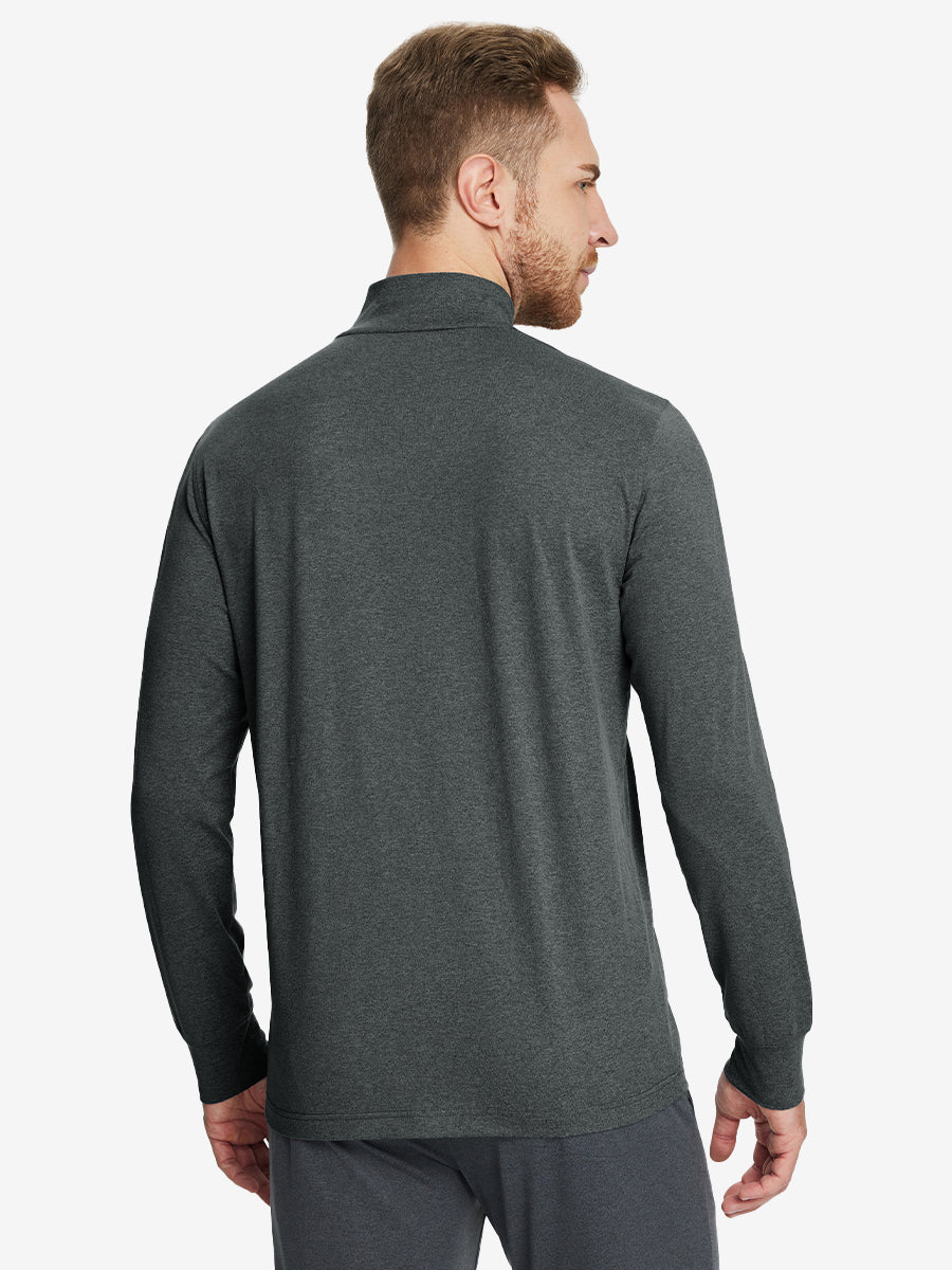 Back angle of Men’s Mock Turtleneck Shirt in Dark Grey Heather, model turns head slightly with ease.