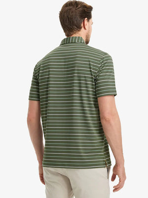 Back half-body view of model wearing OLIVE GREEN STRIPE Stylish Performance Golf Polo