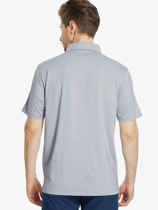 Back half-body view of male model wearing the Silver Grey Everyday Classic Solid Polo