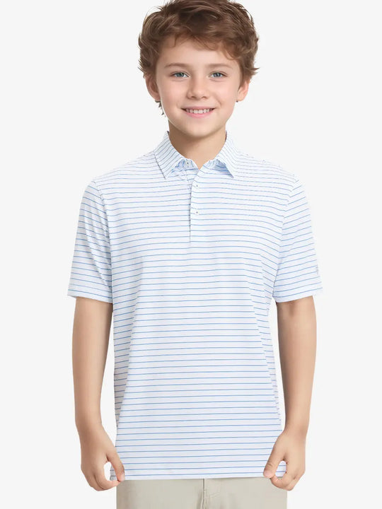 Half-body front view of model in WHITE/LIGHT BLUE STRIPE Youth Performance Golf Polo.