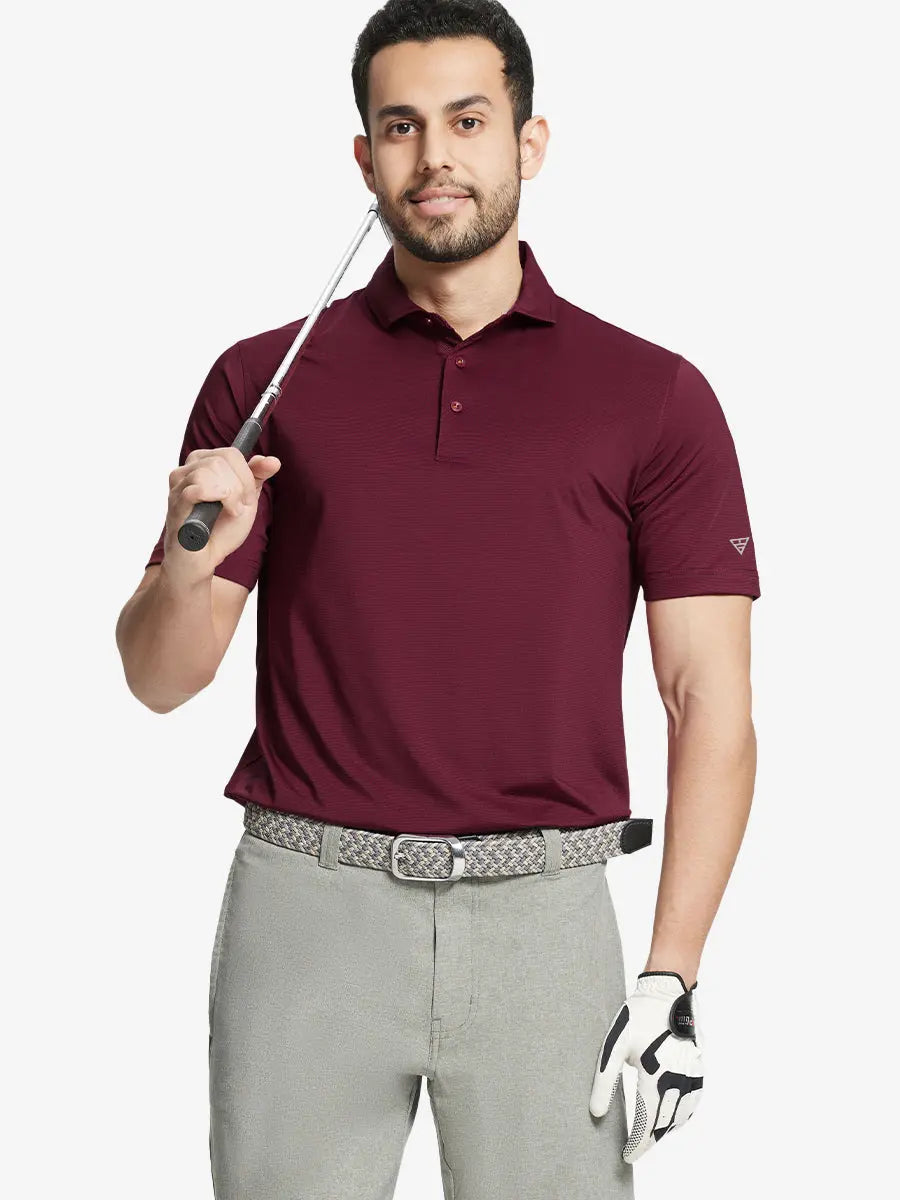 Model in RED STRIPE Pinstripe Jersey Performance Polo holding golf club, front half-body view								
