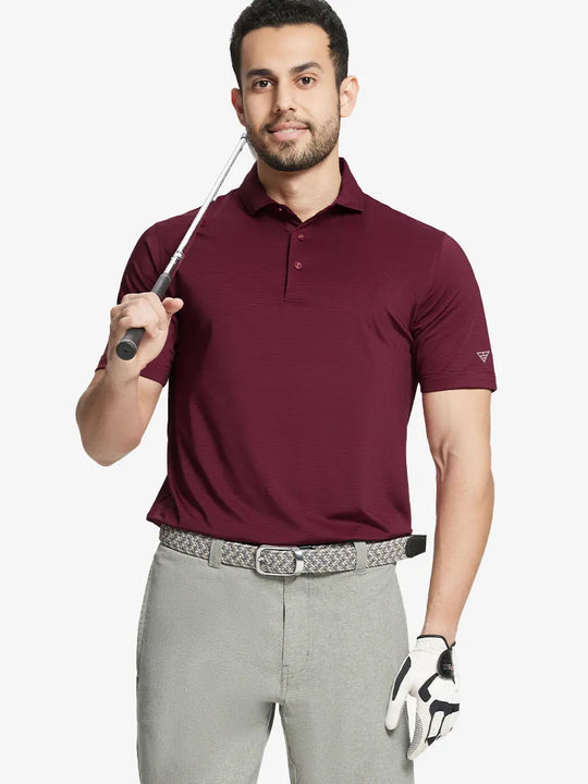 Model in RED STRIPE Pinstripe Jersey Performance Polo holding golf club, front half-body view								
