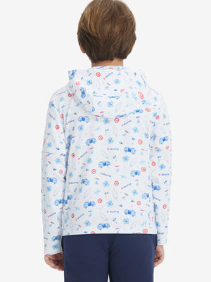 Back upper body view of model wearing youth full print stylish hoodies pullover, white cartoon toy.