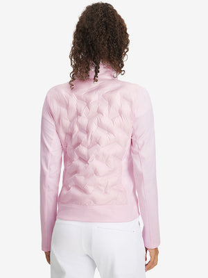 Back upper-body view of women's lightweight fleece-lined puffer jacket on model in light pink.