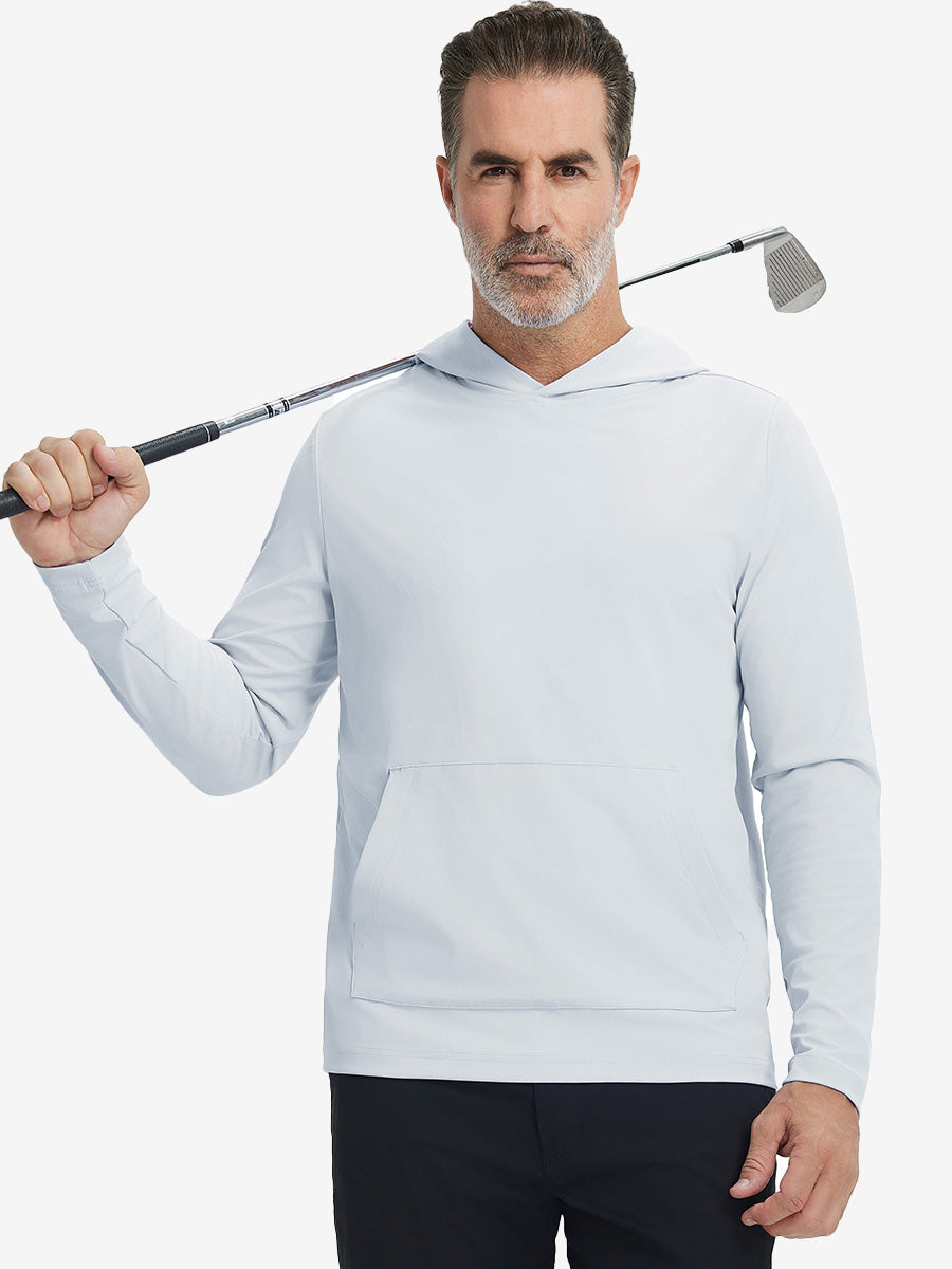 Model holding golf club, wearing dry fit stretchy sweatshirts hoodie in misty grey, sporty and casual.