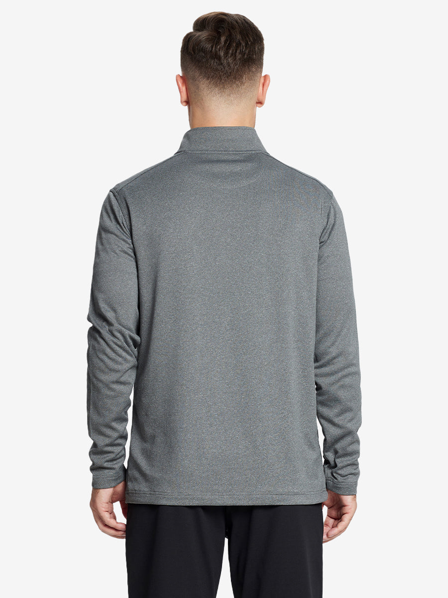 Half-body front shot, model holding golf club in GREY MELANG Moisture Wicking Quarter Zip Pullover.