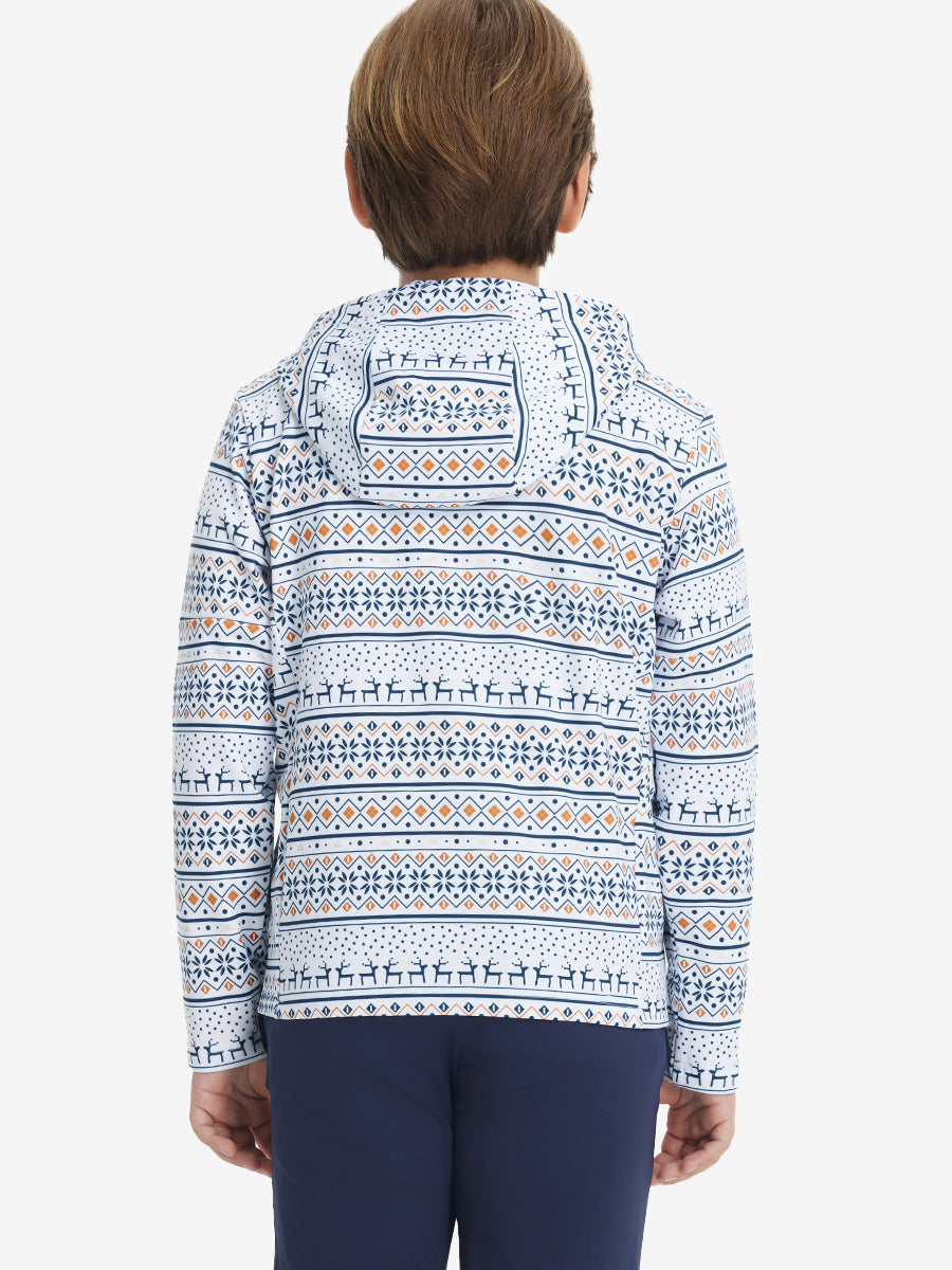 Back upper body view of model wearing youth full print stylish hoodies pullover, christmas snowflake.