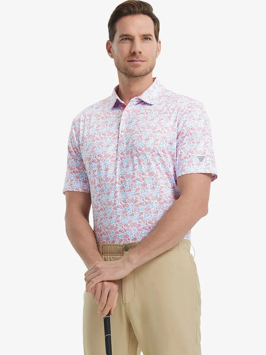 MAELREG Men's Performance Jersey Print Polo in White Pizza – front half-body with golf pose
