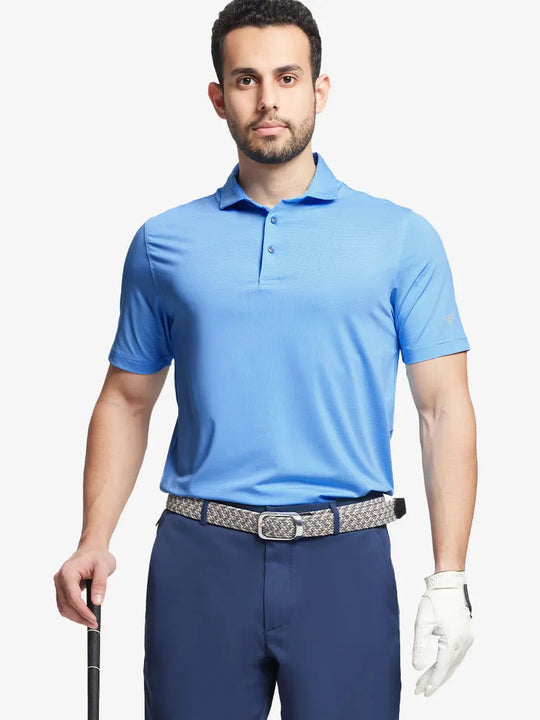 Model in SKY BLUE STRIPE Pinstripe Jersey Performance Polo holding golf club, front half-body view								
