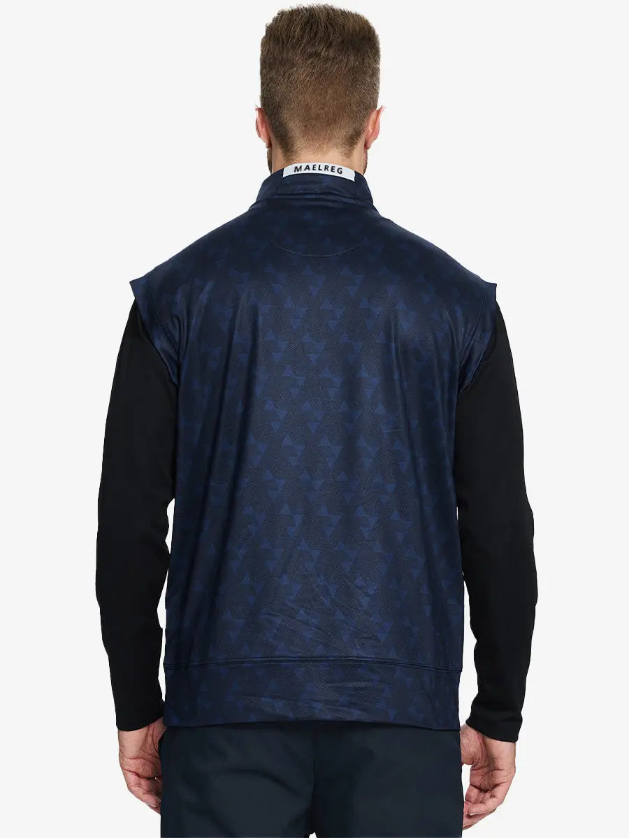Half-body front view of model holding golf club wearing NAVY GEO Stretch Solid Fleece Quarter-Zip Vest.								
