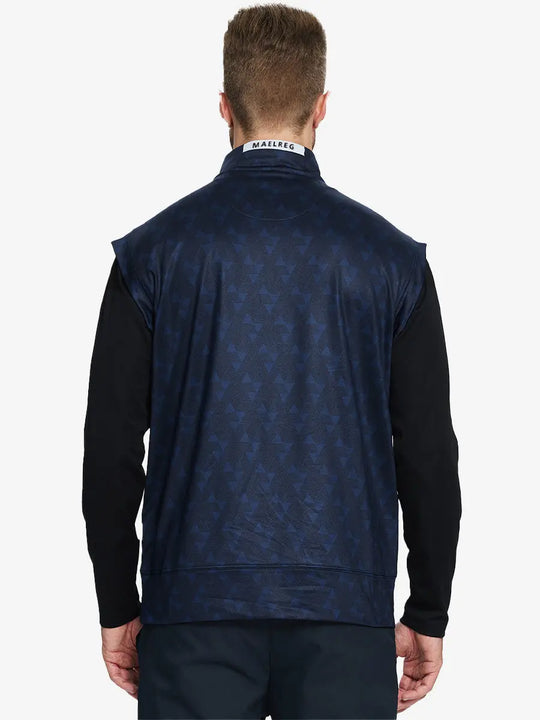 Half-body front view of model holding golf club wearing NAVY GEO Stretch Solid Fleece Quarter-Zip Vest.								
