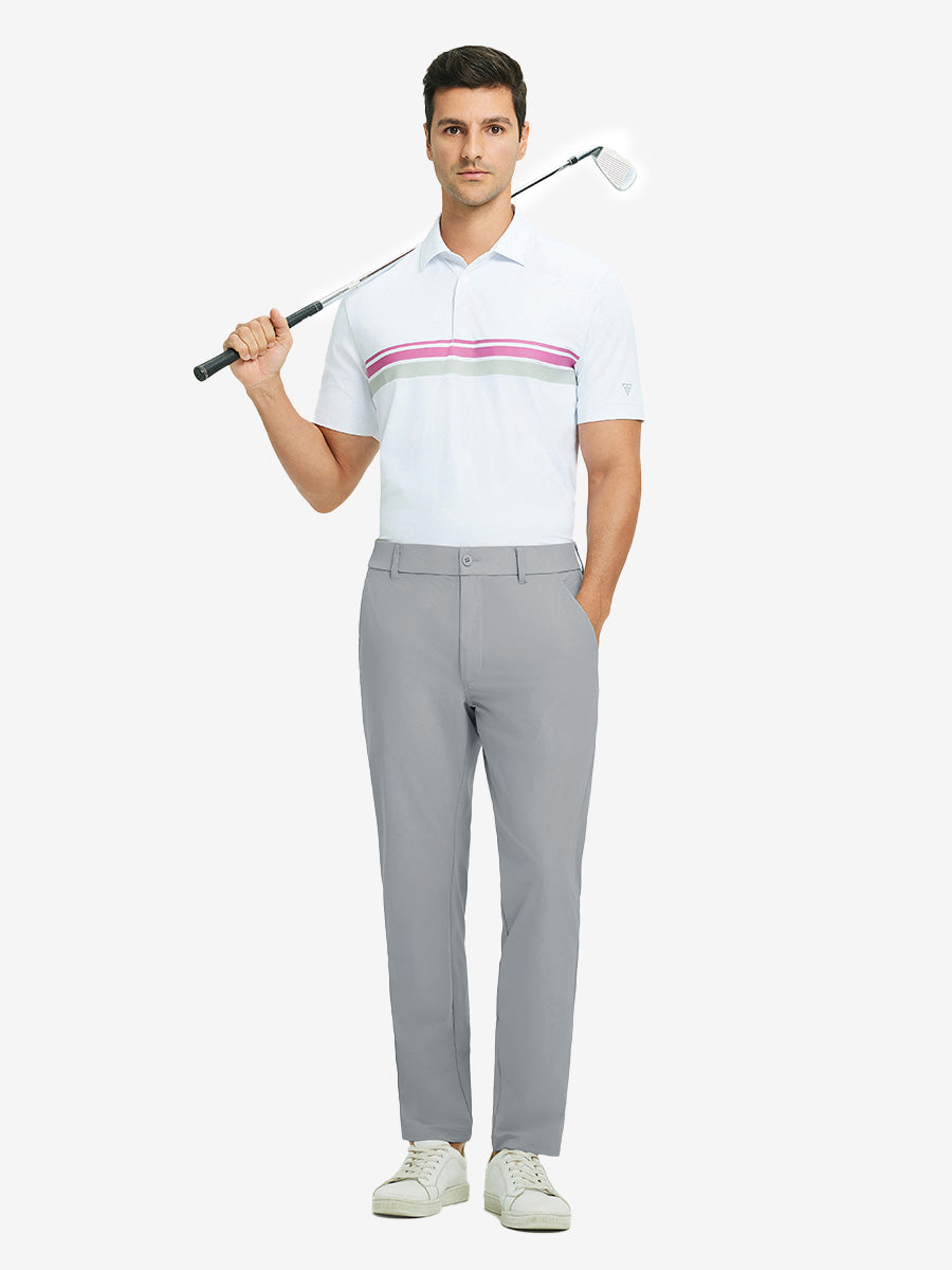 Full-body shot of model holding golf club, styled with quick dry casual dress pants in light grey.