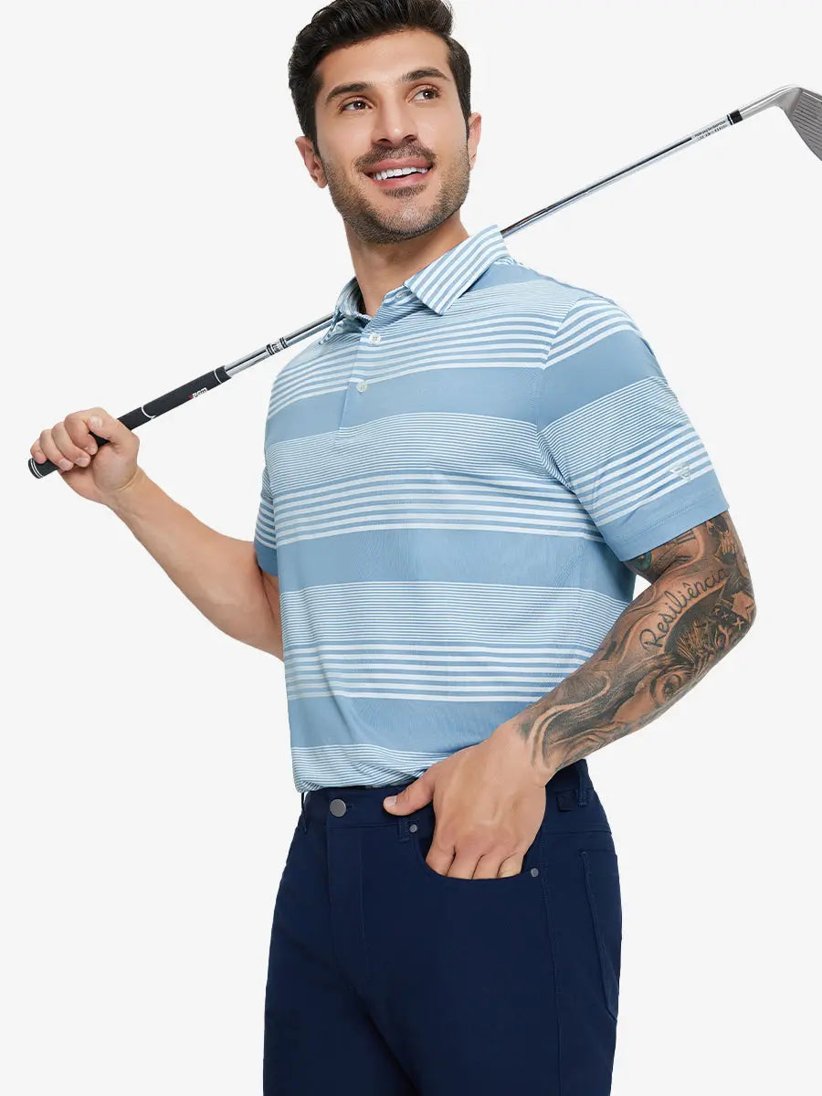 Half-body front view of model holding golf club wearing BLUE WHITE STRIPE Performance Yarn Dye Striped Polo