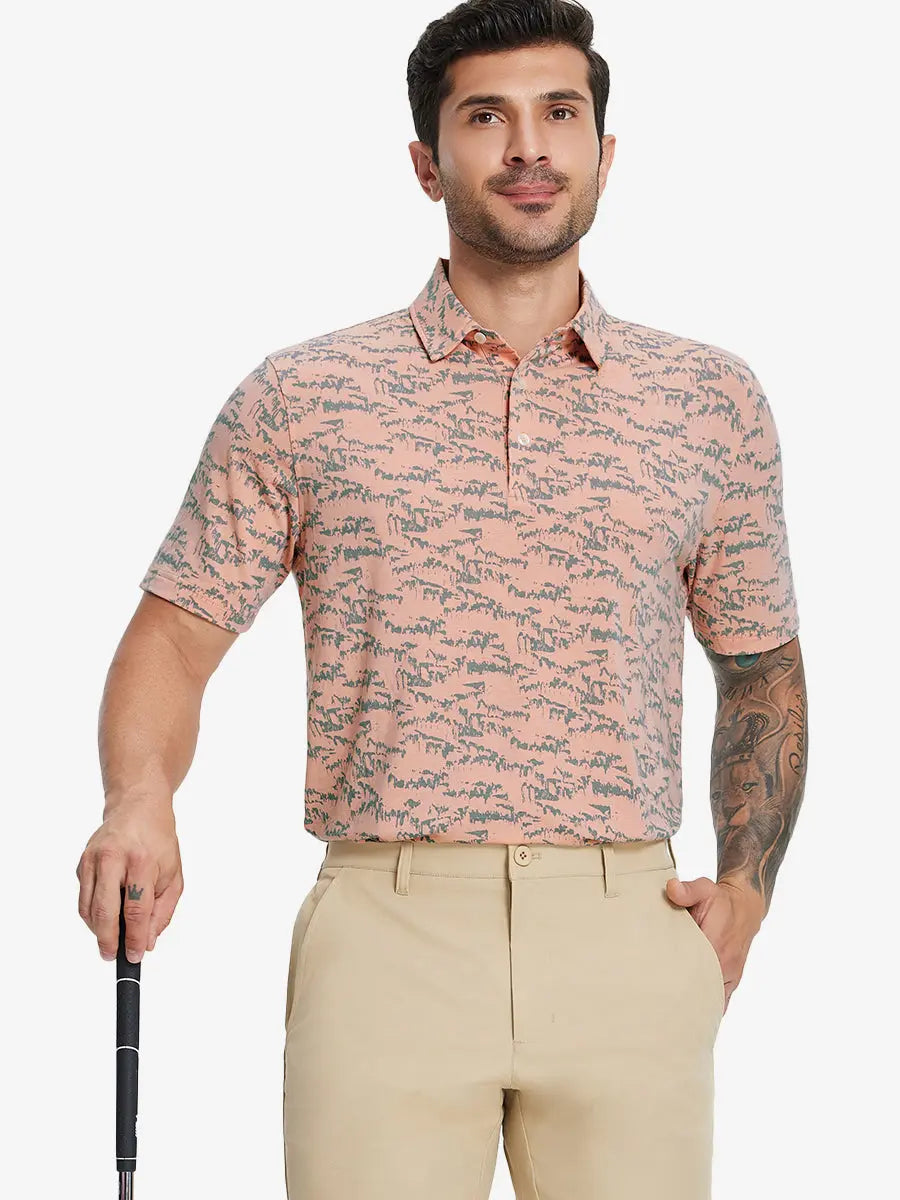 Half-body front view of model holding golf club wearing LIGHT ORANGE MASSIF Popular Heather Print Polo
