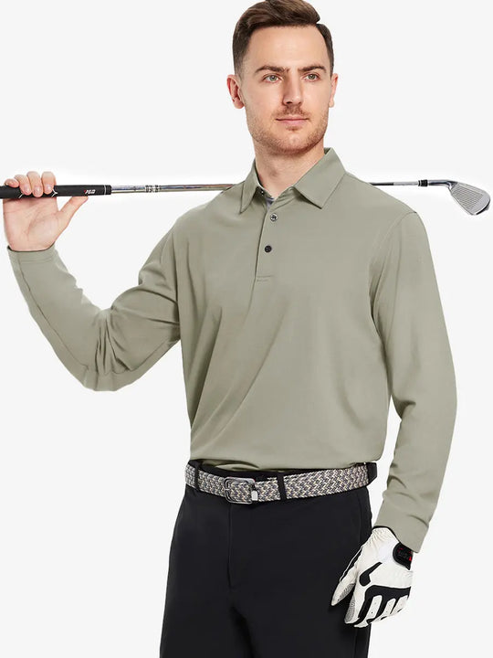 Model showcasing the dark khaki long sleeve pique polo, holding a golf club, emphasizing its stylish design.