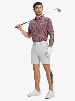 Full-body front view of model holding golf club wearing GLACIER GREY Water Resistant Versatile 8 Pockets Shorts.