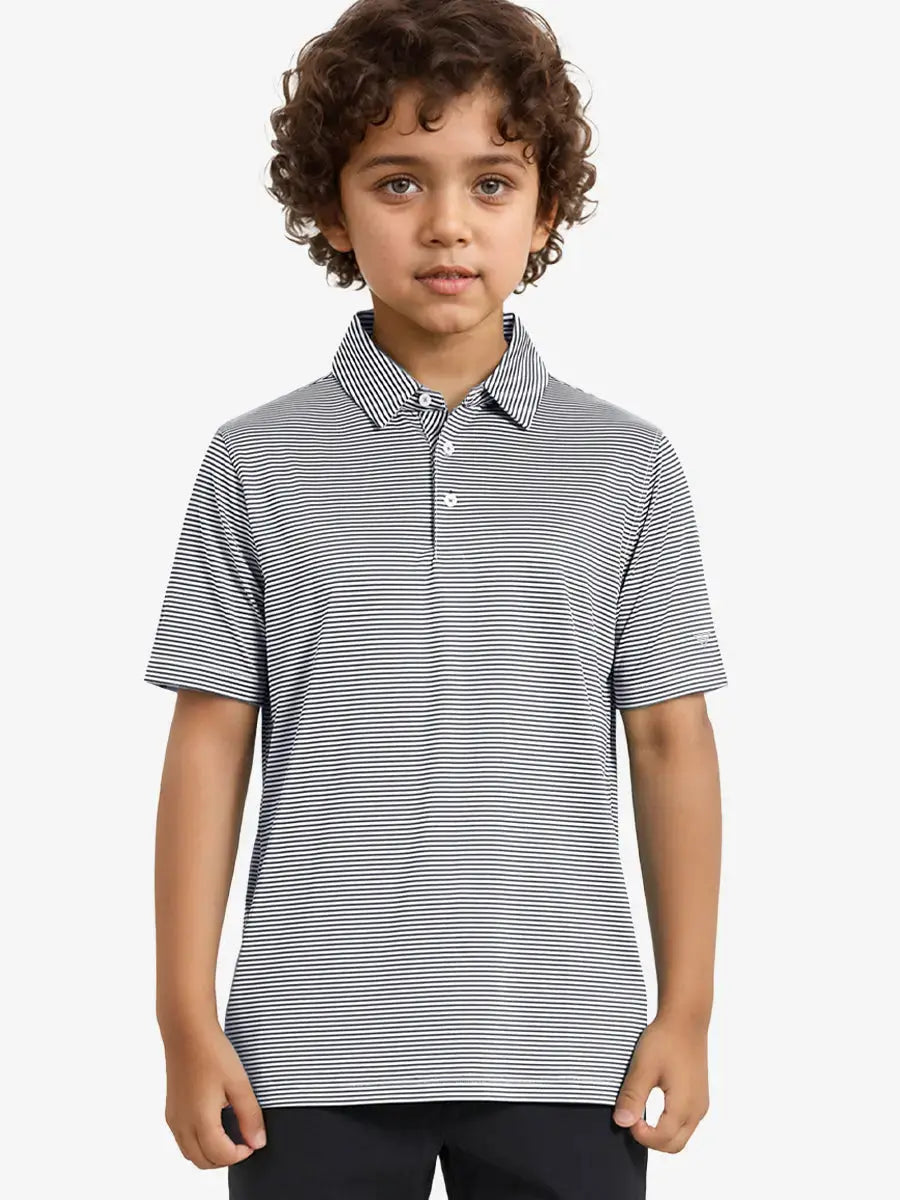 MAELREG Youth Polo – half-body front view, neutral pose in Navy Stripe