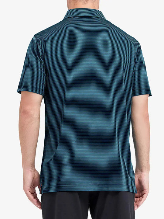 Rear half-body shot of Cooling Stripe Golf Shirt in TURQUOISE STRIPE, showcasing stripe alignment and fit