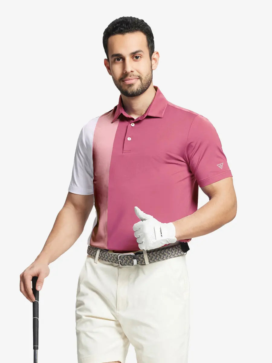 Half-body front view of model holding golf club wearing CRANBERRY Moisture Wicking Color Block Polo Shirt.