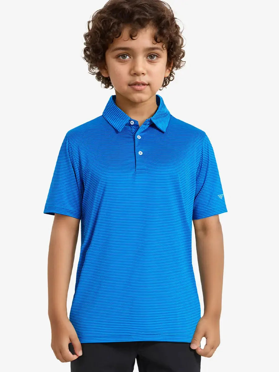MAELREG Youth Polo – half-body front view, neutral pose in Cobalt Stripe
