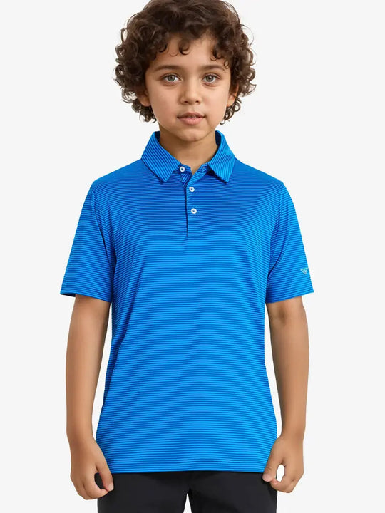 MAELREG Youth Polo – half-body front view, neutral pose in Cobalt Stripe