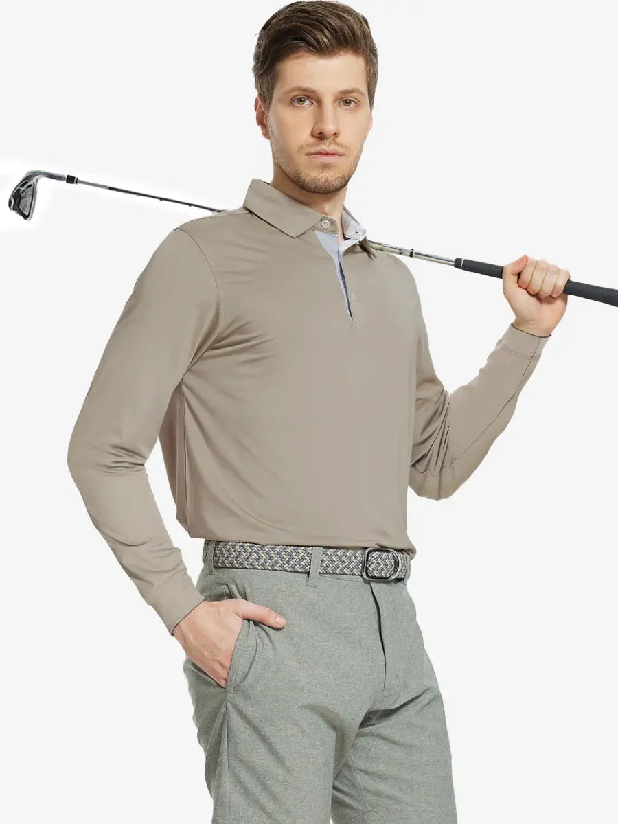 Model in DARK KHAKI Long Sleeve Solid Jersey Polo holding golf club with confident front pose