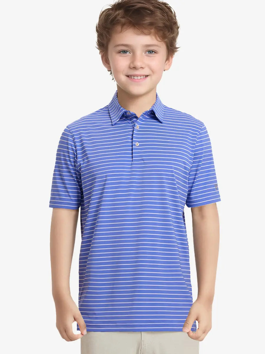 Half-body front view of model in BLUISH BLUE/WHITE STRIPE Youth Performance Golf Polo.