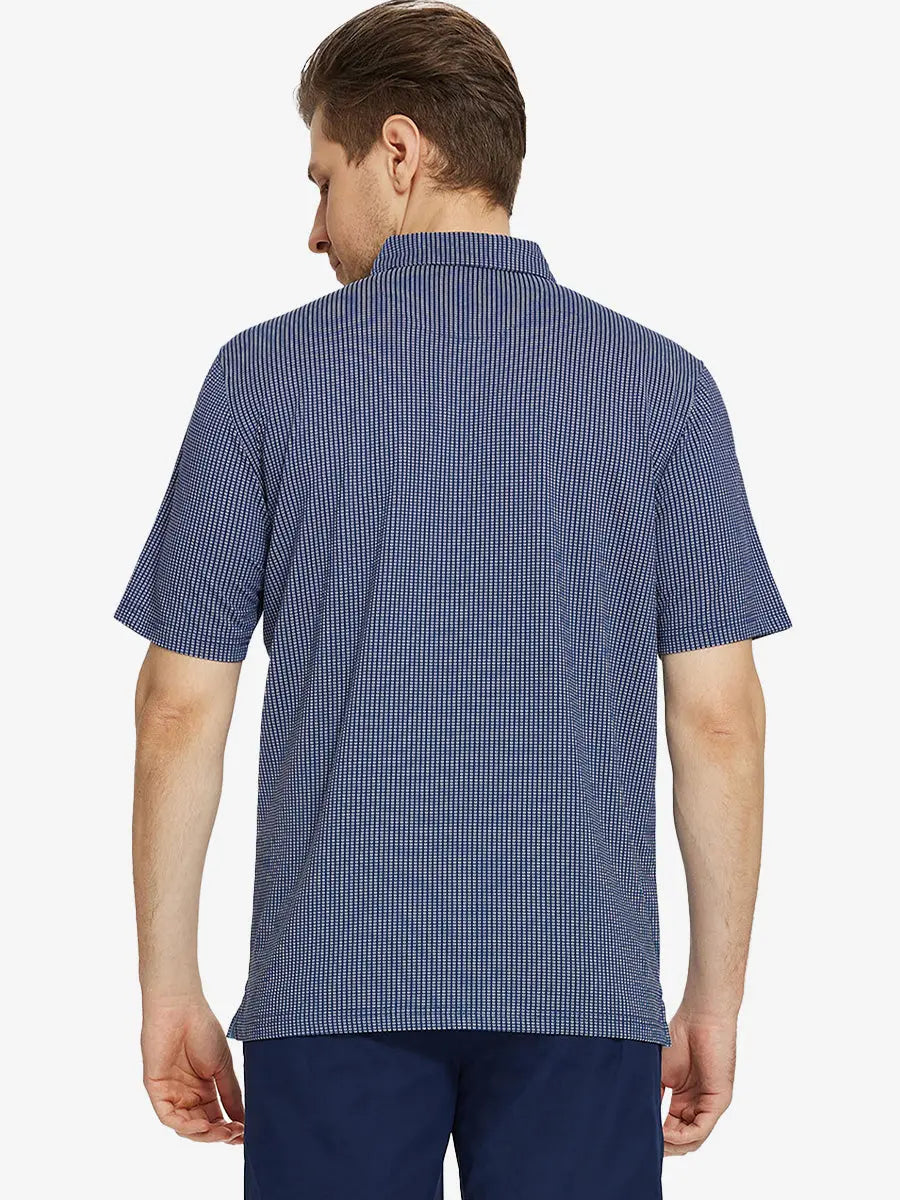Back half-body view of model wearing NAVY Elegant Performance Jacquard Polo