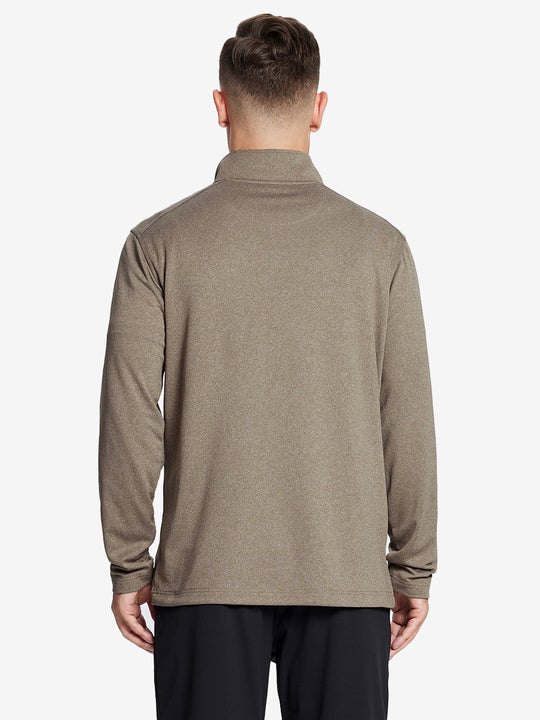 Back half-body view, model showcasing fit of BROWN MELANGE Moisture Wicking Quarter Zip Pullover.