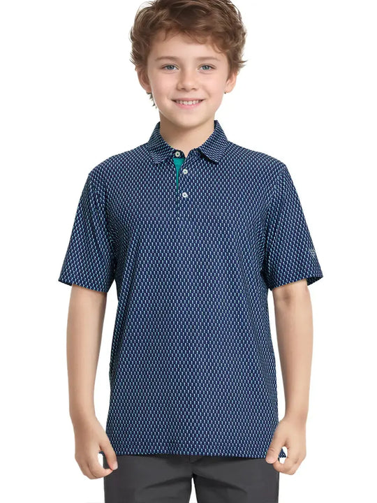 Front half-body shot of boy model in GREEN SEAHORSE Performance Print Boys Golf Polo, ready to play