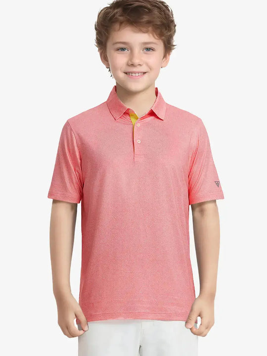 Boy golfer mid-swing wearing CANDY PINK LINE polo, radiating energy and precision