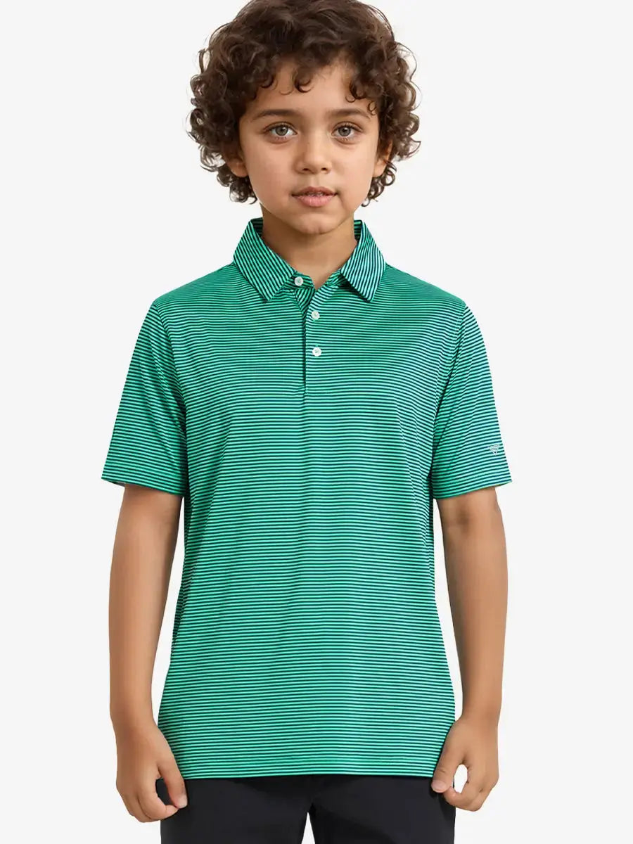 MAELREG Youth Polo – half-body front view, neutral pose in Green Stripe