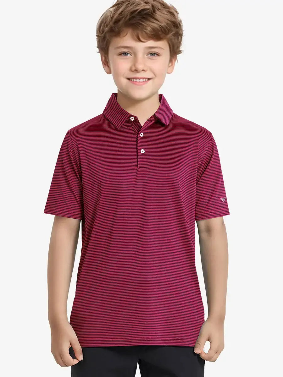 MAELREG Youth Polo – half-body front view, neutral pose in Red Stripe