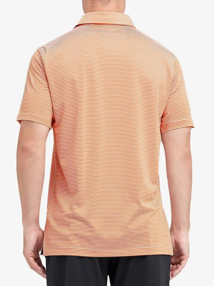 Rear half-body shot of Cooling Stripe Golf Shirt in ORANGE STRIPE, showcasing stripe alignment and fit