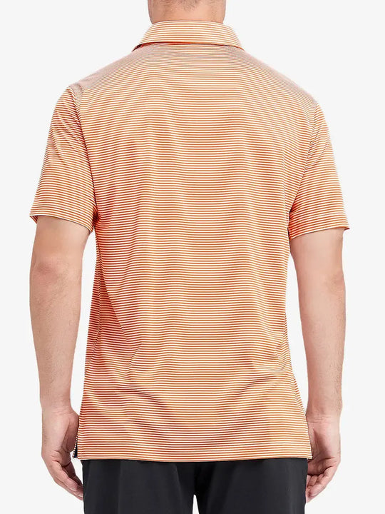 Rear half-body shot of Cooling Stripe Golf Shirt in ORANGE STRIPE, showcasing stripe alignment and fit