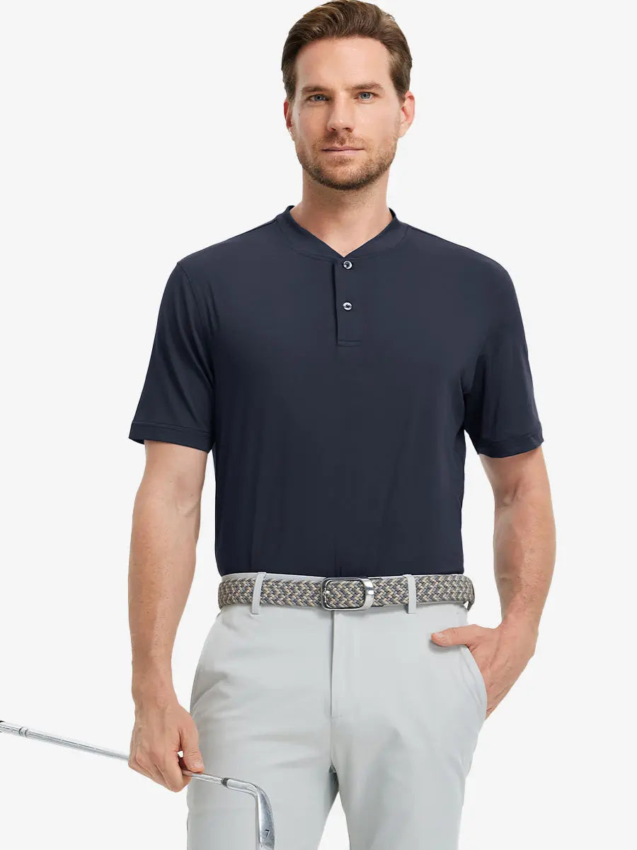 Front half-body view holding a golf club in Everyday Collarless Jersey Shirt in DARK GREY.