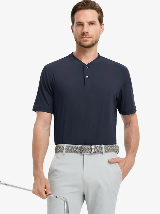 Front half-body view holding a golf club in Everyday Collarless Jersey Shirt in DARK GREY.
