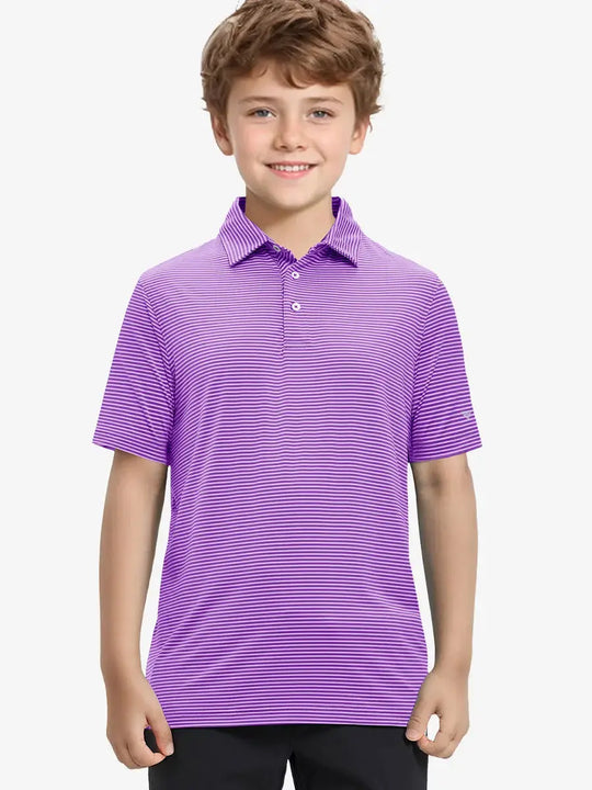 MAELREG Youth Polo – half-body front view, neutral pose in Lilac Stripe