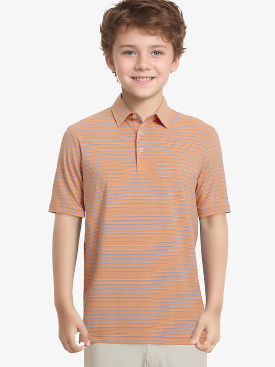 Half-body front view of model in ORANGE/SKY BLUE STRIPE Youth Performance Golf Polo.