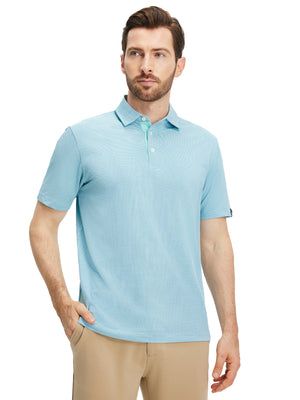 Front half-body view of a model wearing the aqua feather weight jacquard polo shirts, showing the chest pocket