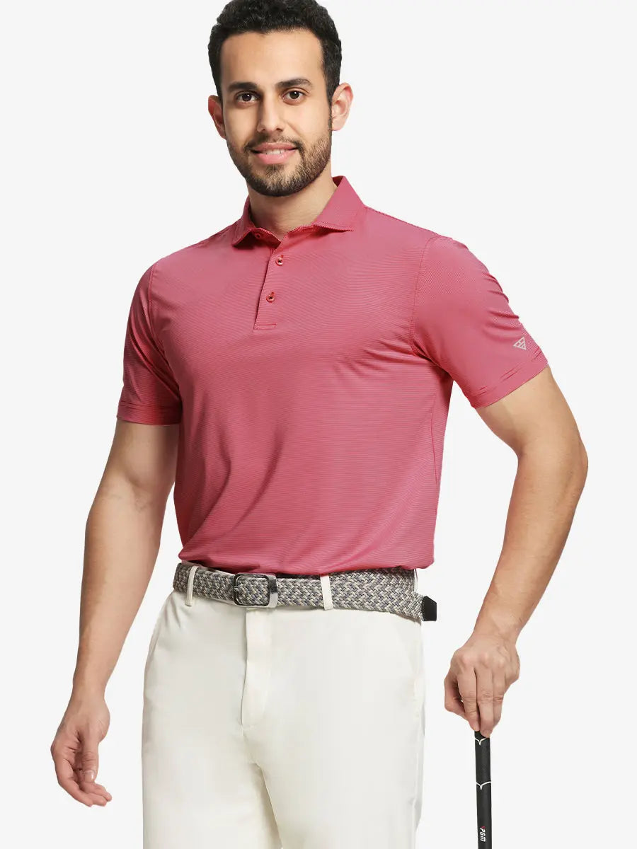 Model in ORANGE PURPLE STRIPE Pinstripe Jersey Performance Polo holding golf club, front half-body view								