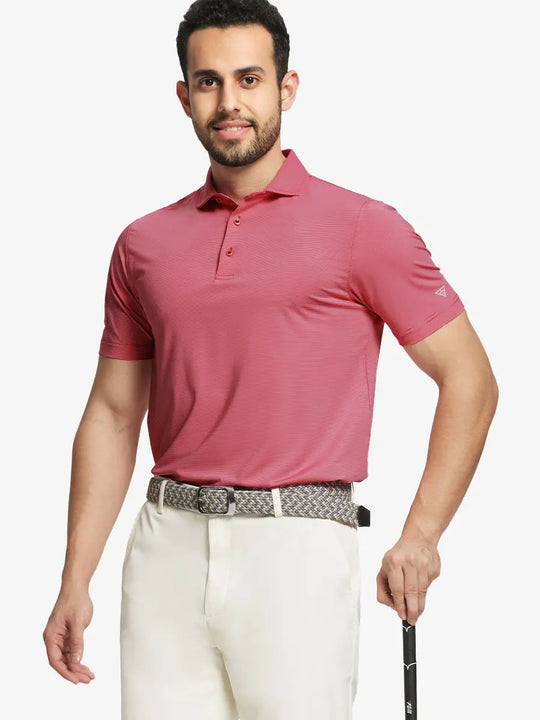 Model in ORANGE PURPLE STRIPE Pinstripe Jersey Performance Polo holding golf club, front half-body view								