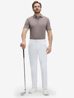 Front full body shot of model wearing white breathable casual slacks with 4 pockets