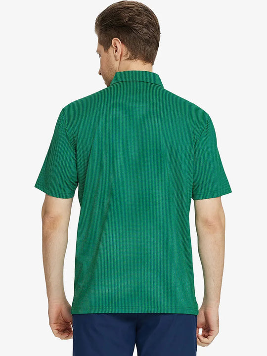 Back half-body view of model wearing GREEN Elegant Performance Jacquard Polo