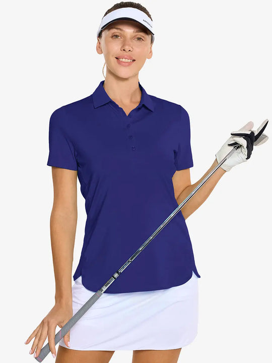 Front half-body of model in KLEIN BLUE Women's Performance Solid Polo holding golf club