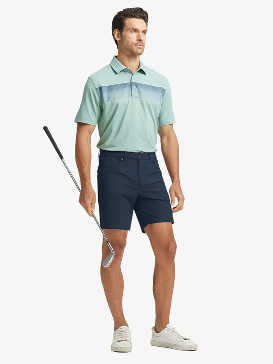 NAVY 4-way Stretch Performance Solid Shorts, golfer full-body front with club, 7 Inch length